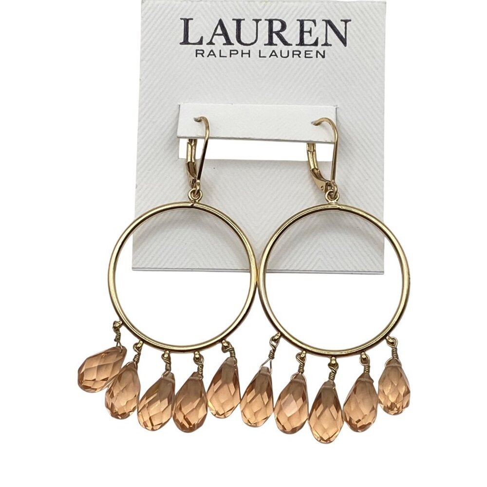 NWT Lauren Ralph Lauren Gold-Tone Hoop Earrings Peach Crystal Beads Drop Dangle